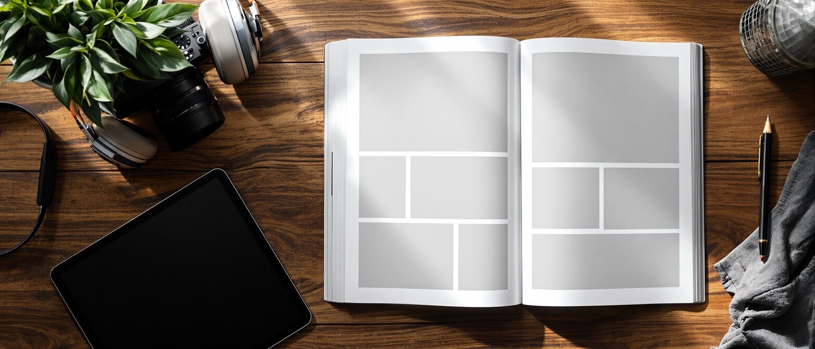 A tablet and camera and headphones arranged on a desk with an open magazine-style layout of interior photographs, an abstract of multimedia storytelling, warm light, layout shown as image blocks with no legible text
