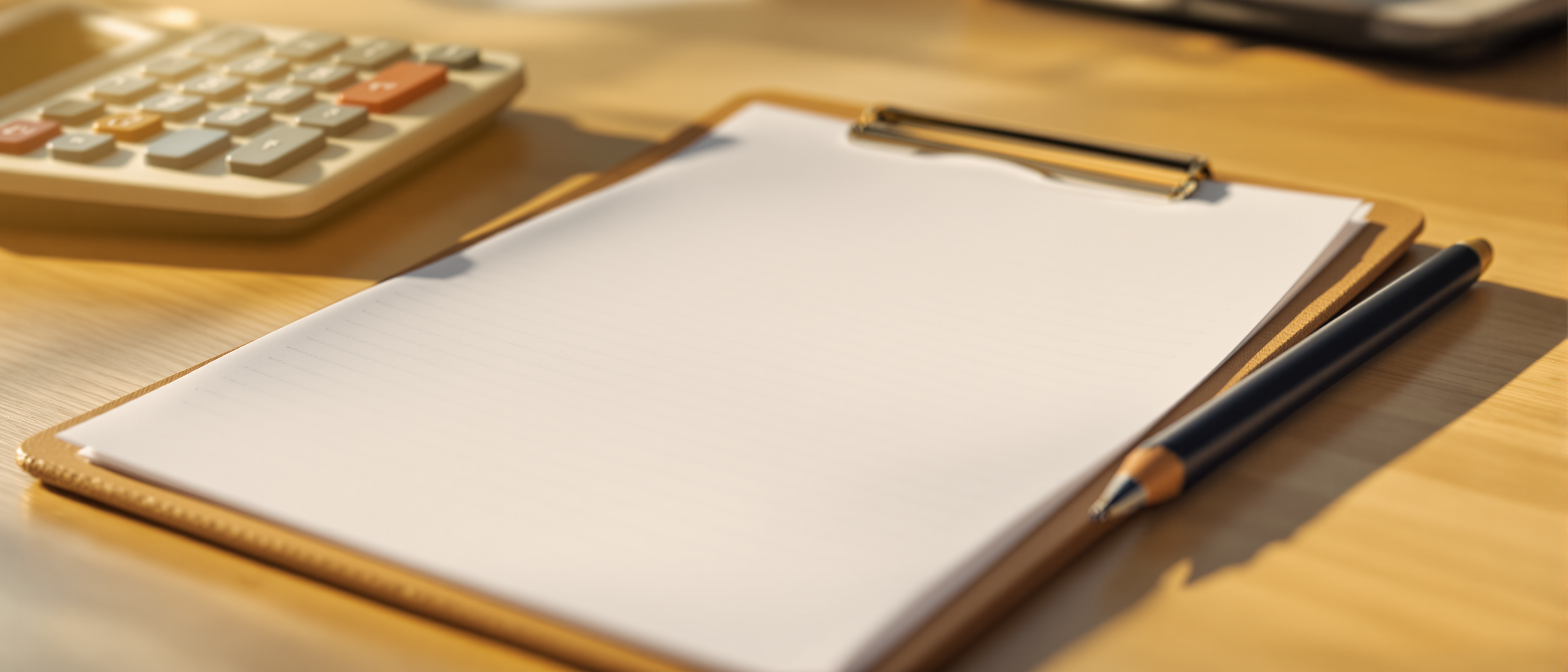 A neat printed bill of quantities on a clipboard with a calculator and pencil on a wooden desk in warm daylight, orderly and professional, no legible text