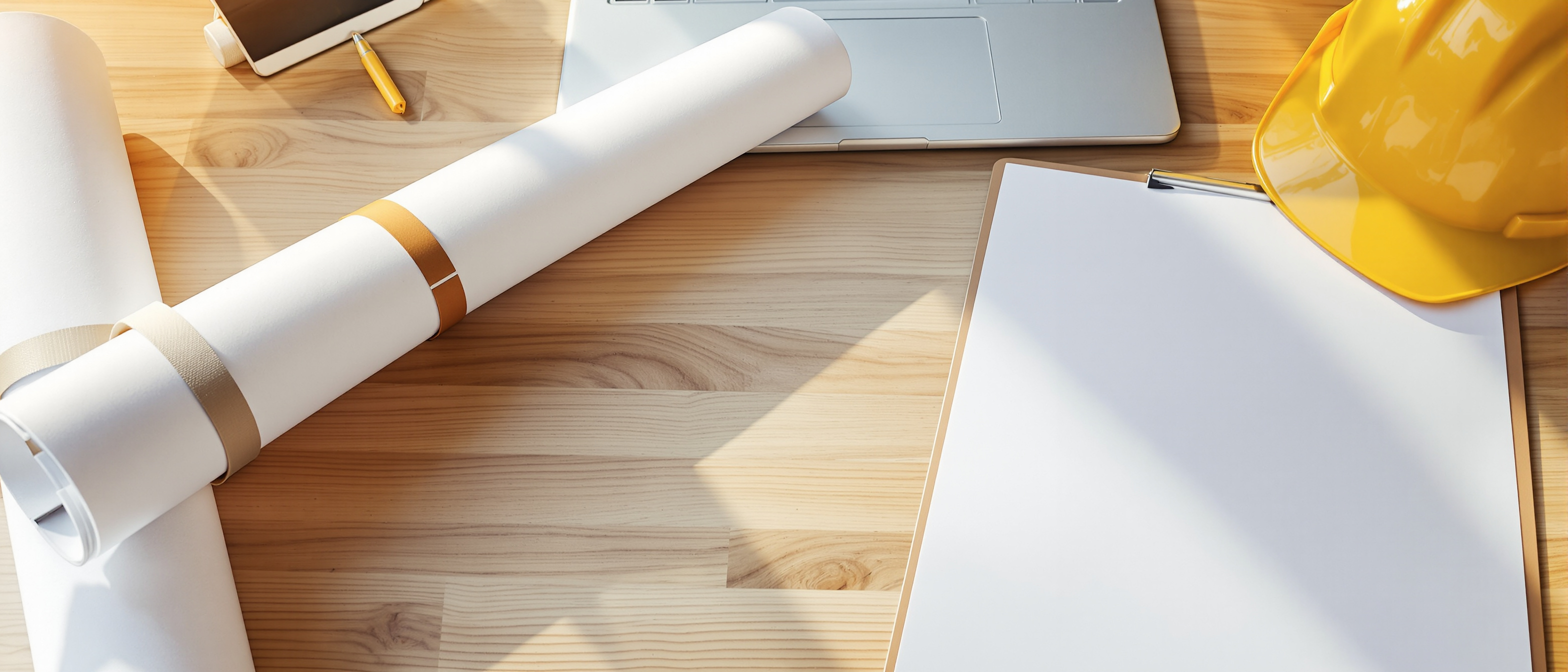 A construction site office desk with a rolled drawing, a bound tender document, a hard hat and a laptop closed, warm daylight, orderly and professional, no legible text