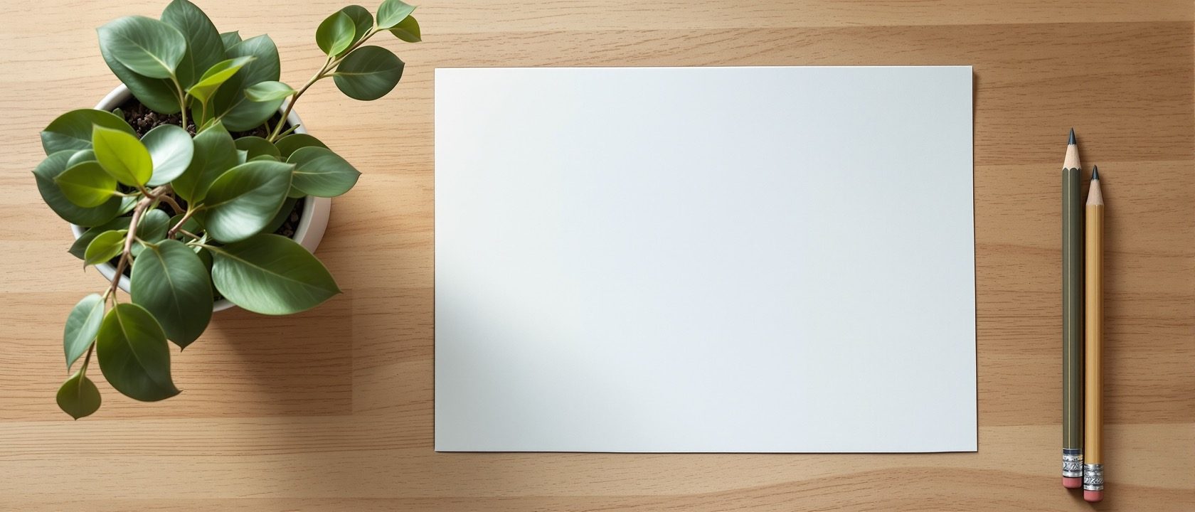 A designer's desk flat-lay with a potted leafy plant, a small twig with foliage, drafting pencils and a blank sheet of paper, soft natural daylight, warm tones, no people, no writing, no numbers, no legible text.