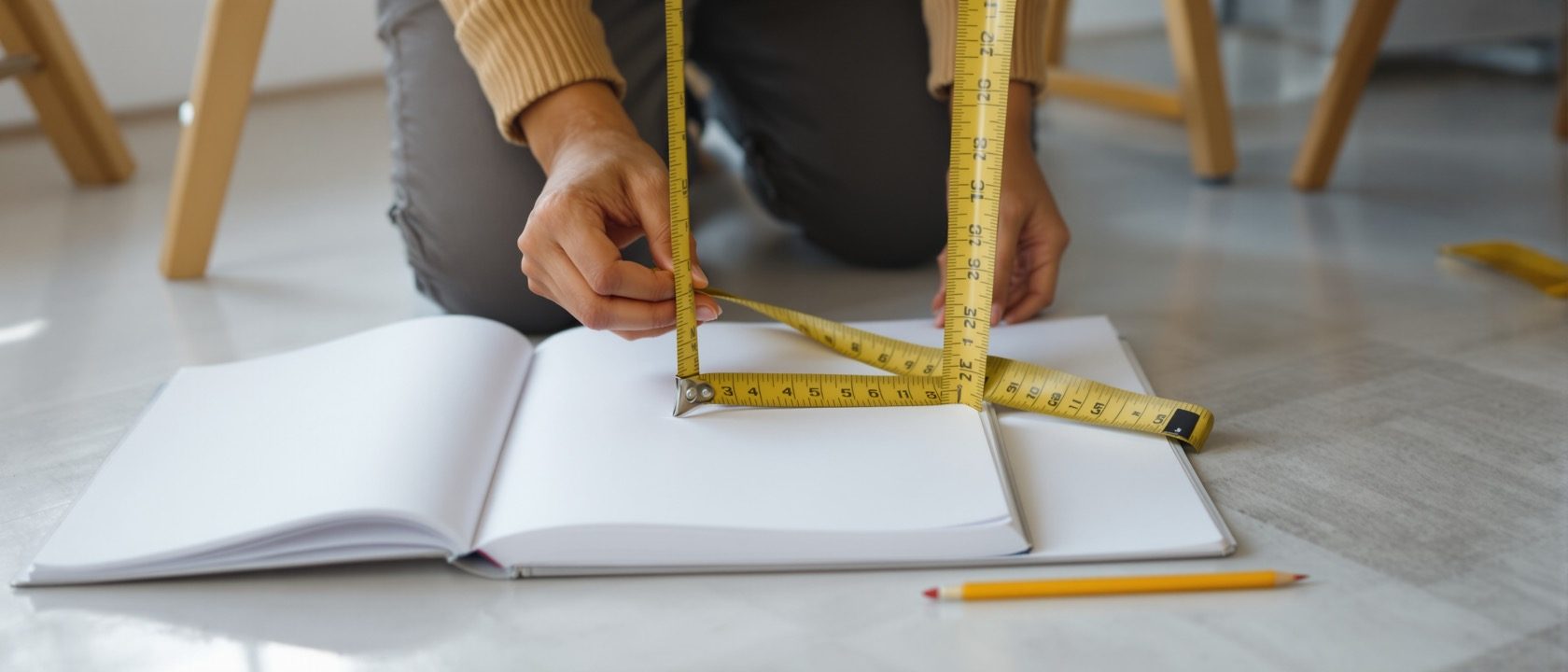 An Indian design student measuring a plain wooden chair with a steel tape, an open blank field sketchbook and a pencil beside it, warm studio daylight, documentary photograph, no writing, no numbers, no legible text.