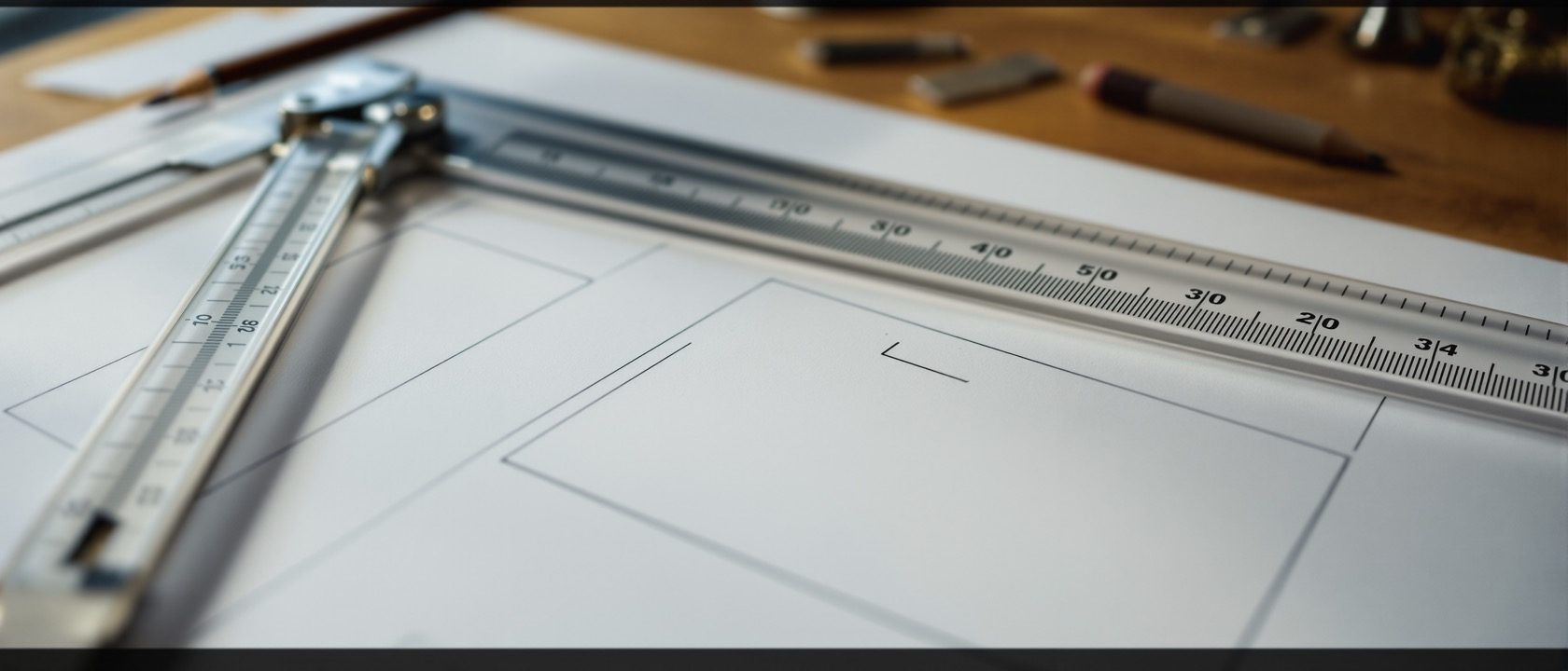 A drafting table close-up — a set-square and scale resting on a sheet of clean unlabelled straight-line drawings of a simple geometric solid, sharp pencil lines, warm light, no people, no writing, no numbers, no legible text.