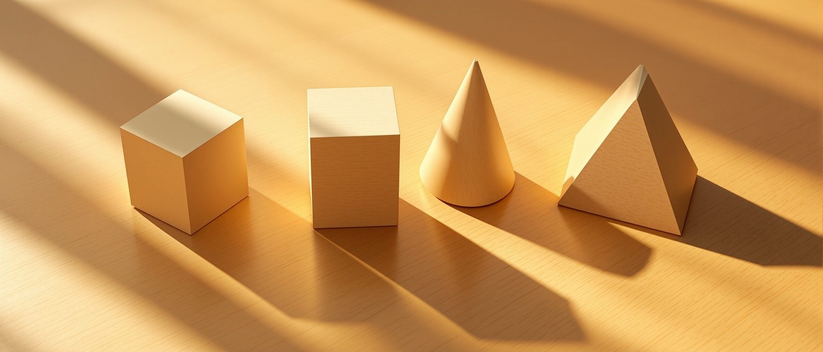 A set of plain wooden geometric solids — a cube, a cylinder, a cone and a triangular prism — arranged on a designer's desk in raking daylight casting long shadows, warm tones, no people, no writing, no numbers, no legible text.