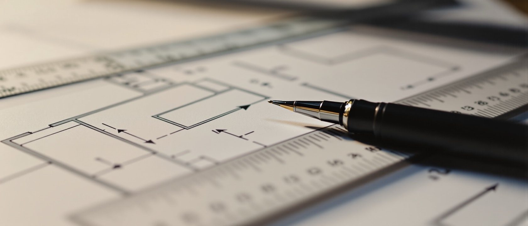 A close-up of a dimensioned interior floor plan on a drawing board — thin extension and dimension lines with figures around a monochrome room plan, a schedule table drawn to one side, a scale rule and a fine technical pen resting on it, warm studio light, no people, no legible text.