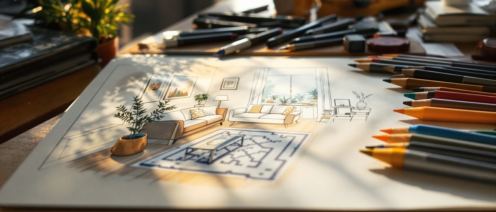 A close-up of a hand-drawn and marker-rendered interior perspective on a drawing board — a warm living-room view in colour marker and coloured pencil with soft cast shadows, a set of design markers and a fan of coloured pencils beside it, warm studio light, no people in the studio, no legible text.