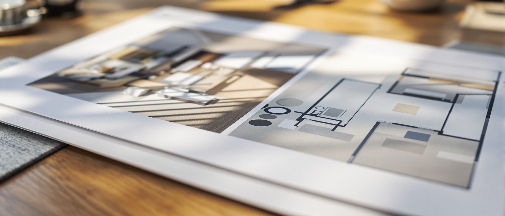 A close-up of a finished interior design presentation board on a table — a composed layout with a large rendered hero perspective, a smaller rendered colour floor plan with soft shadows, and a row of material swatches, warm gallery light, no people, no legible text.