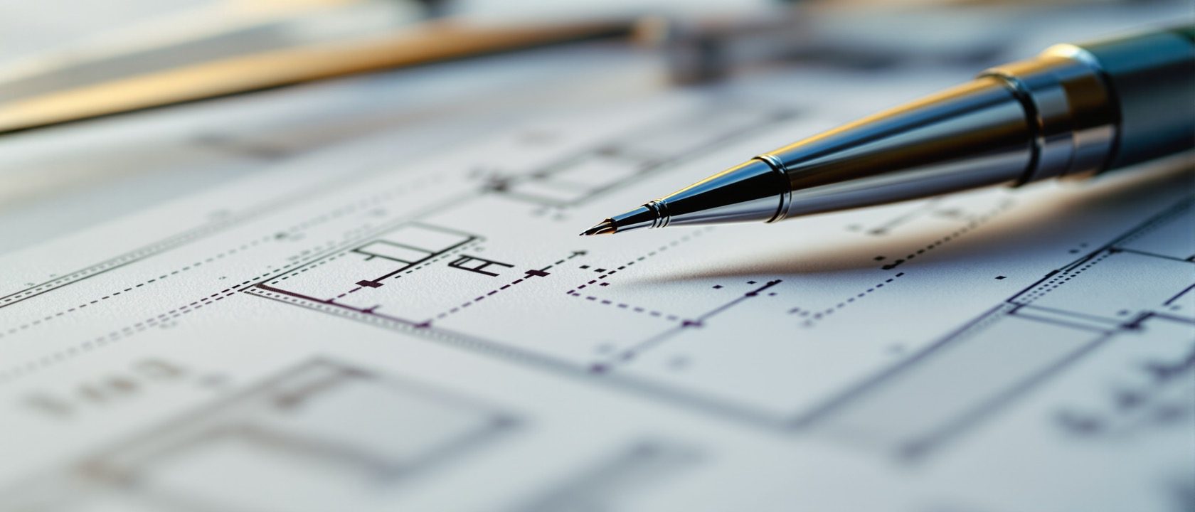 A close-up of a large-scale hand-drawn construction detail on a drawing board — a monochrome sectional detail of a wardrobe or ceiling with material hatching and fine dimension lines, a technical pen, a compass and a scale rule beside it, warm studio light, no people, no legible text.
