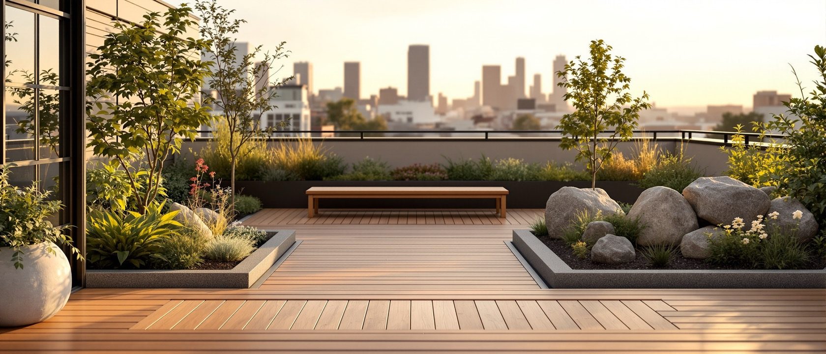 A modern terrace garden on a rooftop with a timber deck, low drought-hardy planting beds, a few large rocks and integrated planter edges, soft evening light, a city skyline softly behind, calm and well-built, no text