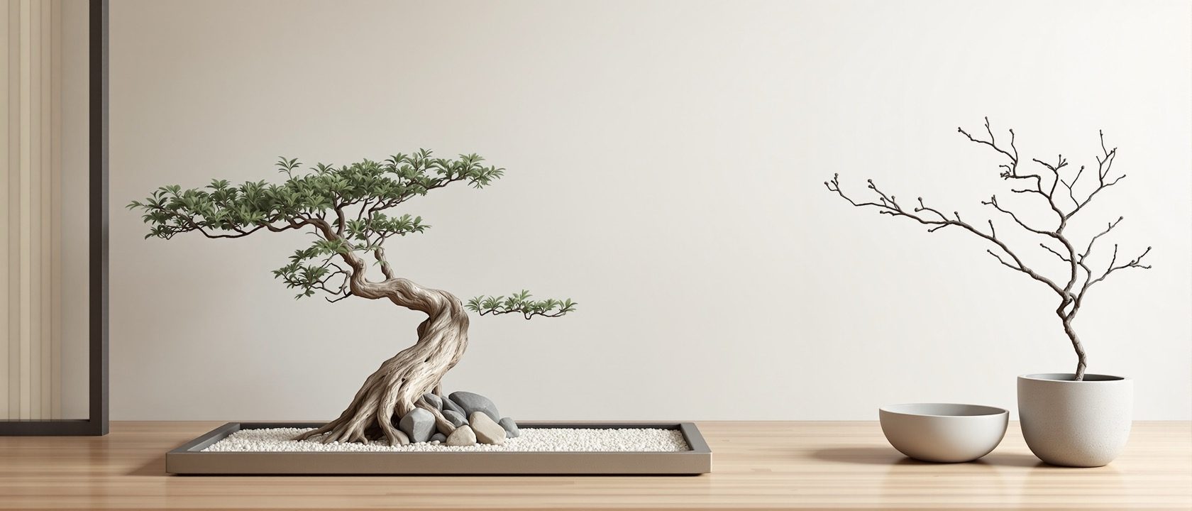 A serene interior corner combining a small raked gravel and rock arrangement, a single sculptural bonsai-style tree on a stand, and a spare ikebana-style branch arrangement in a low vessel, soft light, minimalist and calm, no text