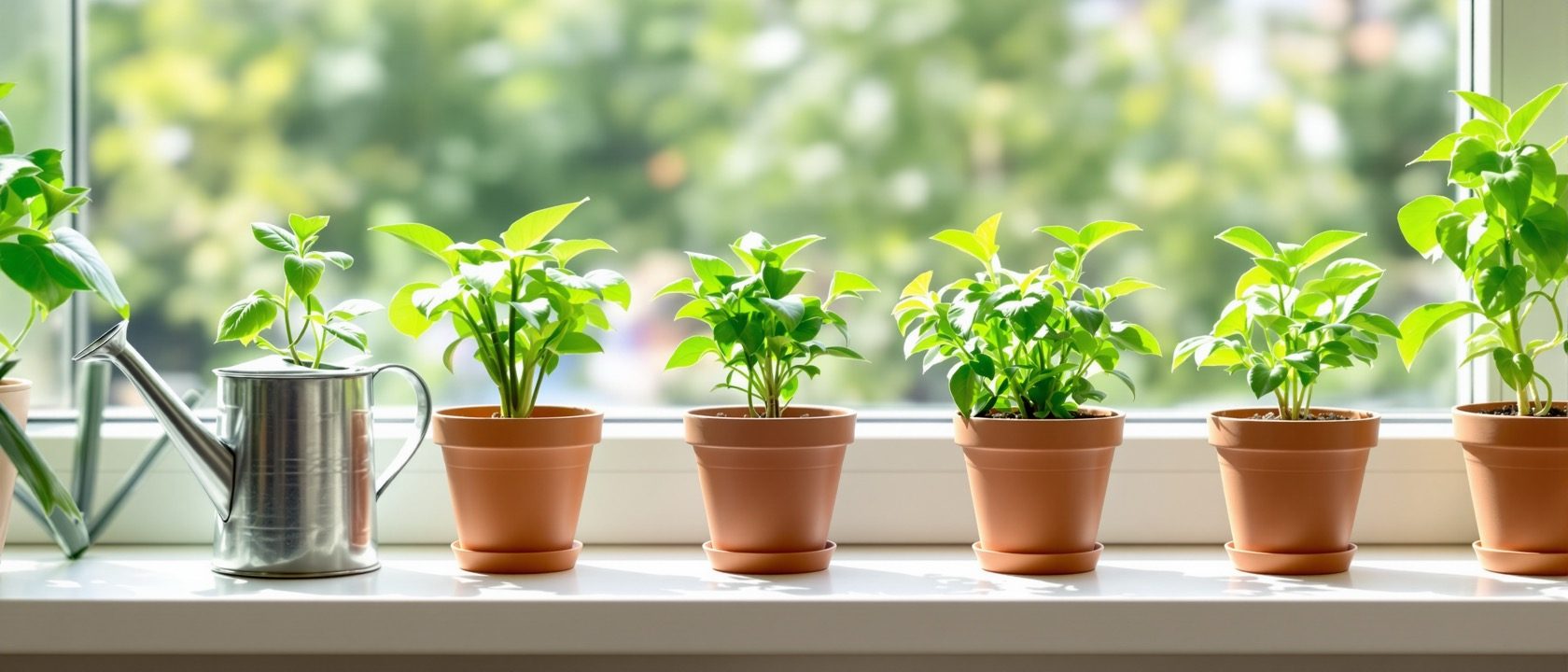 A bright windowsill with several small potted plants at different distances from the glass, a watering can and a moisture meter beside them, soft natural light showing the gradient of light across the sill, calm and instructional, no text