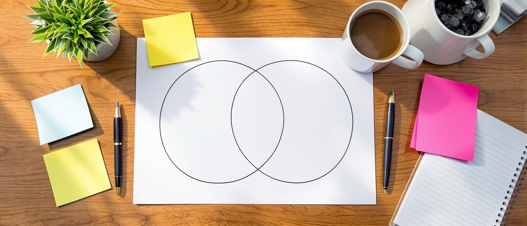 A close overhead of a strategy worksheet with three overlapping circles drawn and sticky notes on a desk, an abstract of the three Cs, warm light, no legible text
