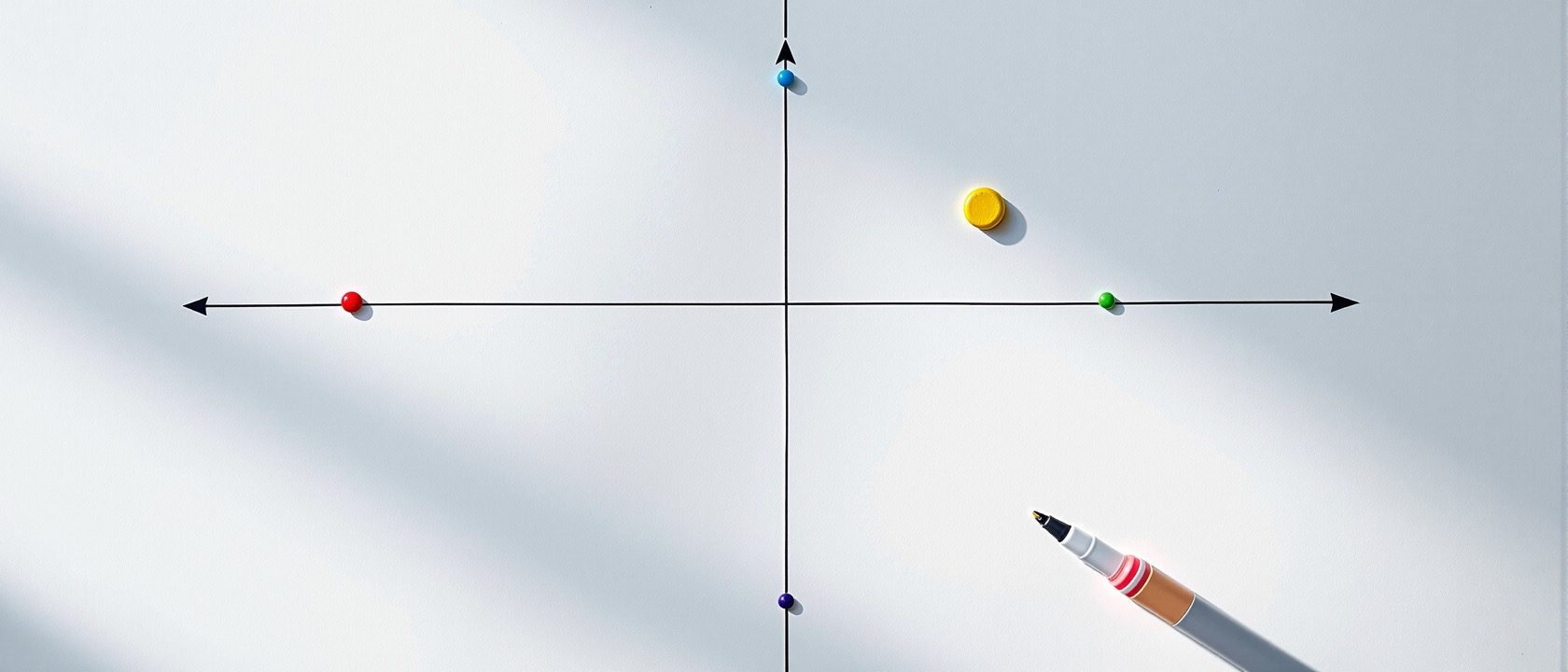 A close of a hand-drawn two-axis positioning map on a whiteboard with dots plotted in different quadrants, an abstract of market positioning, warm light, no legible text