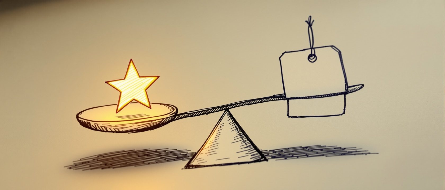 A close of a hand-drawn balance scale weighing benefits against a price tag on a worksheet, an abstract of perceived value, warm desk light, no legible text