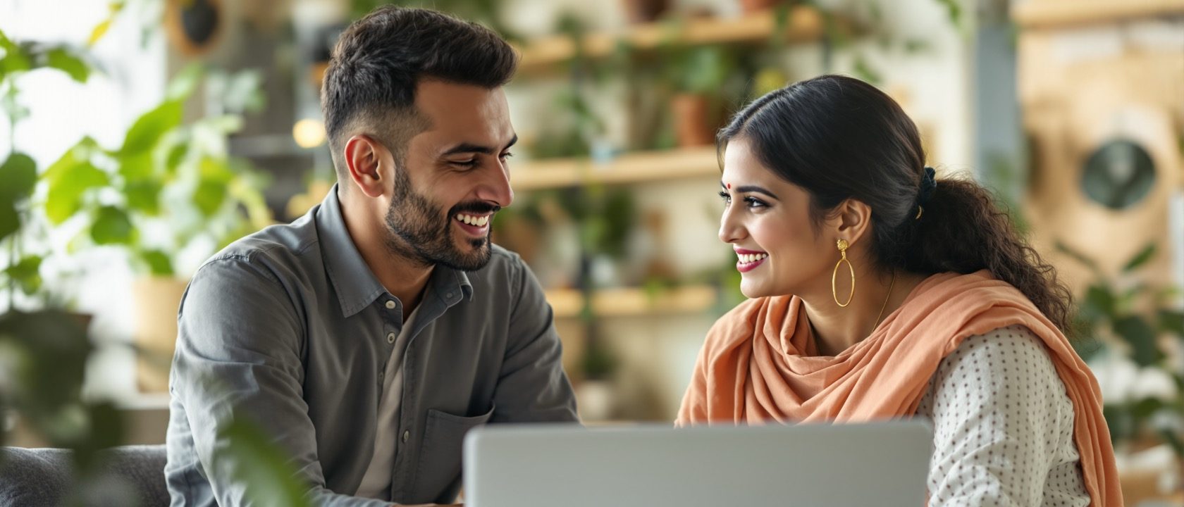 A designer listening attentively to a client couple of Indian appearance in a bright interior, understanding their needs, warm and empathetic, soft daylight, no legible text