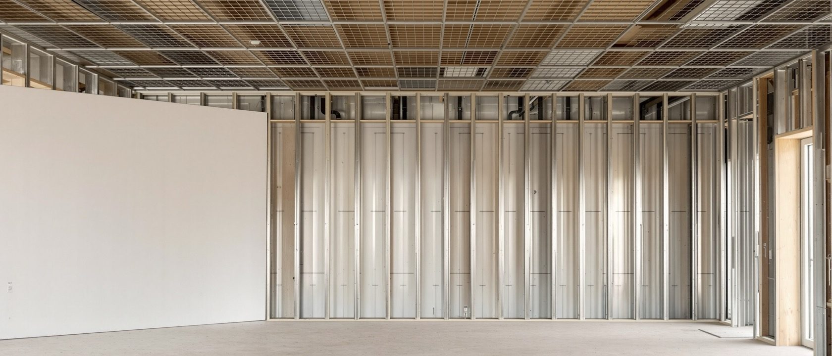 A partly-finished interior showing its components — a GI-stud drywall partition with gypsum board part-fixed, a suspended grid false ceiling with services above, and timber skirting and panelling, warm site lighting, no people, no legible text.