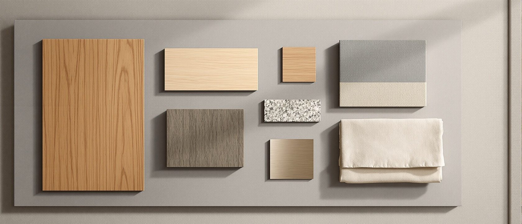 A finished interior material sample board on a studio wall — mounted swatches of laminate, veneer, stone, fabric and a metal chip arranged as a dominant-secondary-accent palette on mount-board, warm daylight, no people, no legible text.