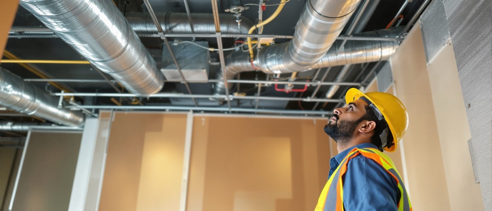 An interior fit-out in progress — GI-stud partitions part-boarded, a suspended false-ceiling grid with AC ducts and wiring visible in the plenum above, and a student's measured sketch on a clipboard, warm site light, an Indian site worker in the background.