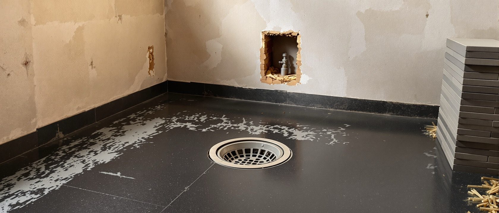 A bathroom under construction — a sunk slab with a black waterproofing membrane coated over the floor and turned up the walls, a floor drain set in the falls, exposed concealed pipes, and a stack of wall tiles, warm site light, no people, no legible text.