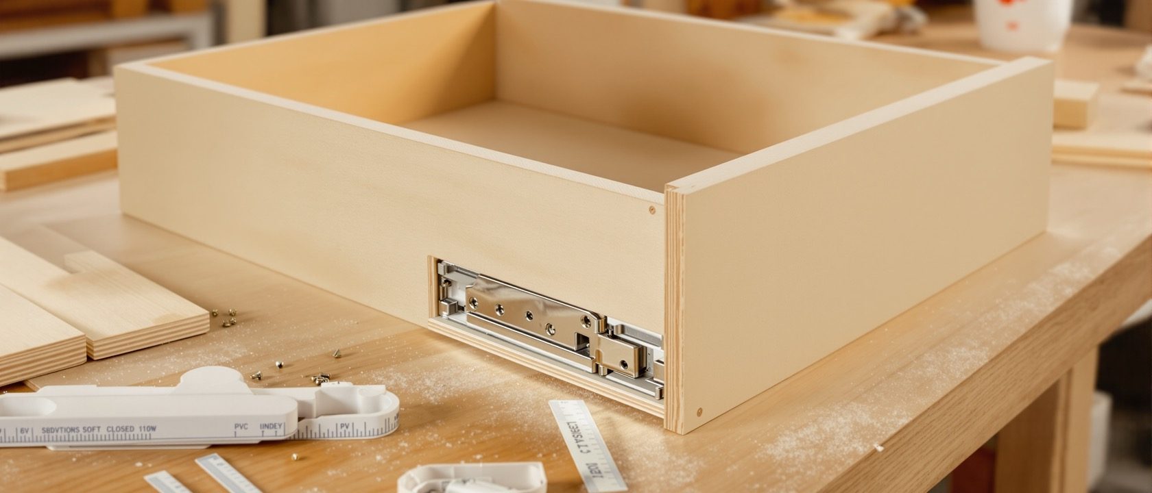 A close-up of an interior joinery workshop bench — a plywood cabinet carcass part-assembled with a concealed cup hinge, a soft-close drawer runner and a knock-down cam fitting, beside cut boards with PVC edge-banding, warm workshop light, no people, no legible text.