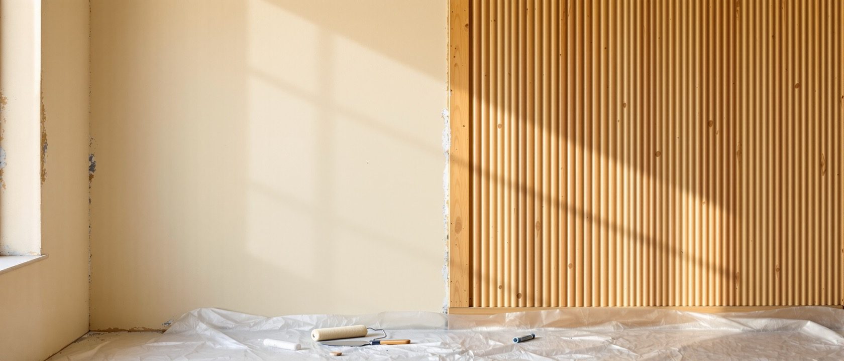 An interior wall under finishing — one zone freshly plastered smooth and part-painted, beside a section of fluted timber-veneer panelling being fixed to battens, a paint roller and putty knife on a drop-sheet, warm site light, no people, no legible text.