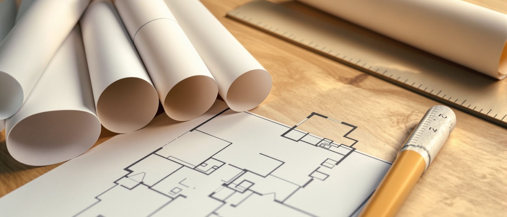 A close-up of rolled and spread dimensioned working drawings with a scale rule and pencil on a desk, technical and precise, no people, no legible text