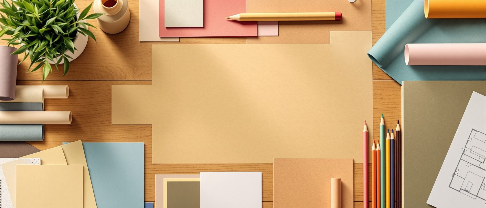 A wide interior design office desk covered with a project's journey — a mood board, layout plans, material samples and rolled working drawings, warm daylight, no people, no legible text