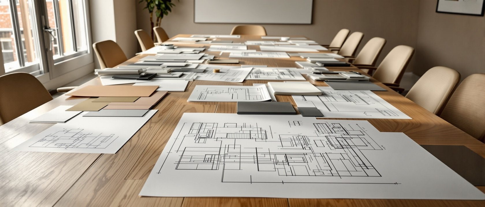An interior design studio meeting table with layout drawings, material samples and chairs around it, collaborative and professional, empty of people, warm light, no legible text