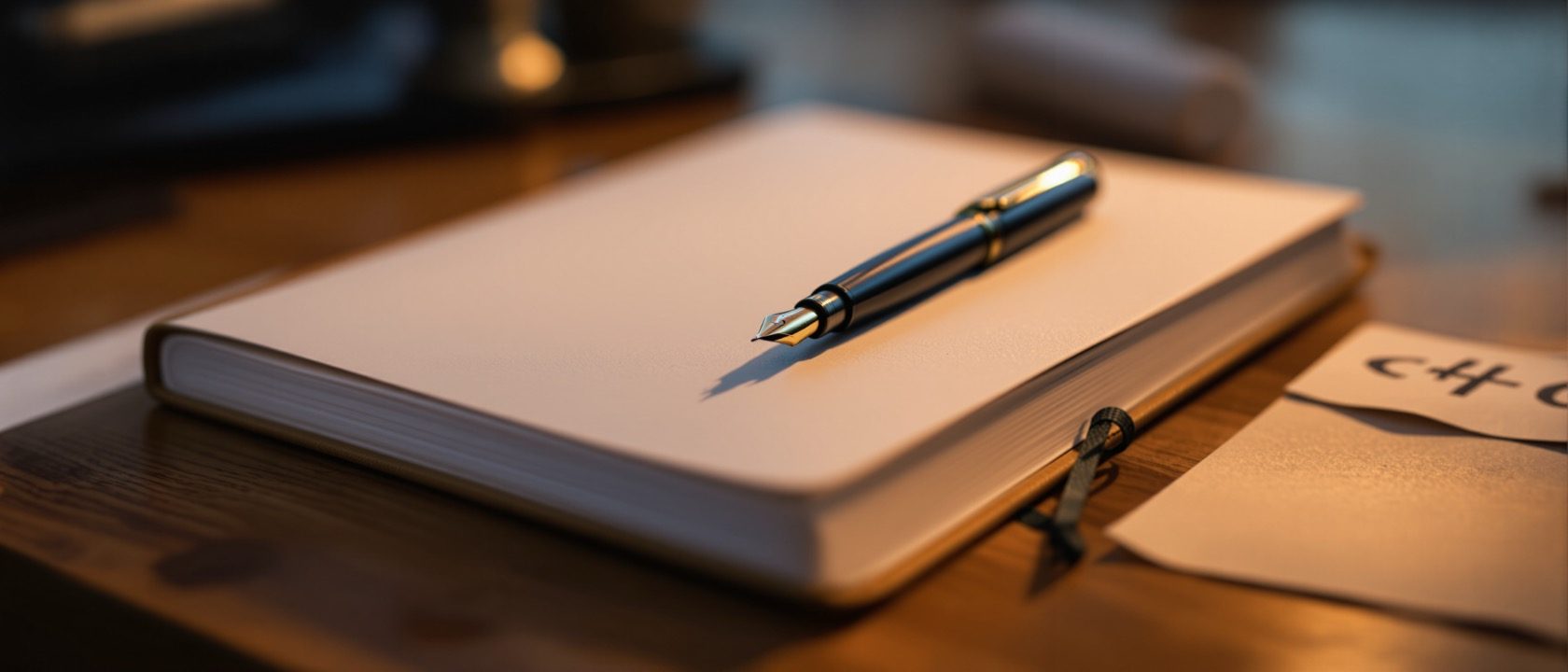 An open notebook logbook with neat handwritten notes and small sketches beside a pen and a rolled drawing on a wooden desk, warm light, reflective, no legible text