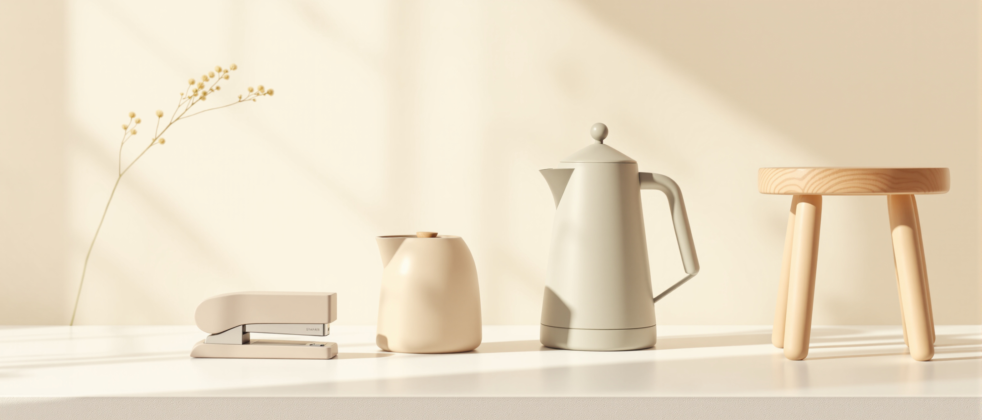 A minimal studio still life of a few beautifully designed everyday objects — a clean kettle, a stapler and a stool — on a plain surface in warm daylight, no text