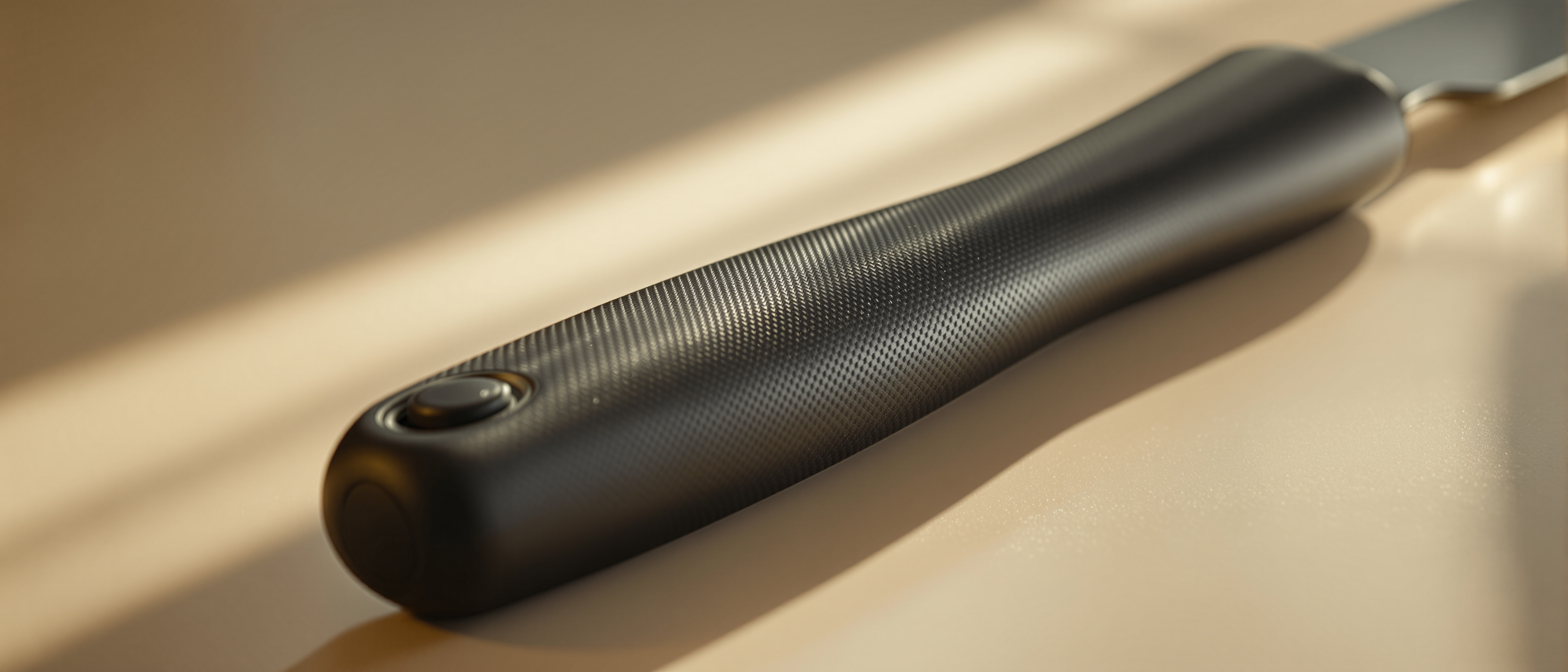 A close-up of a well-designed everyday kitchen tool with a thick soft ergonomic grip resting on a plain surface, warm daylight, tactile and inclusive, no text