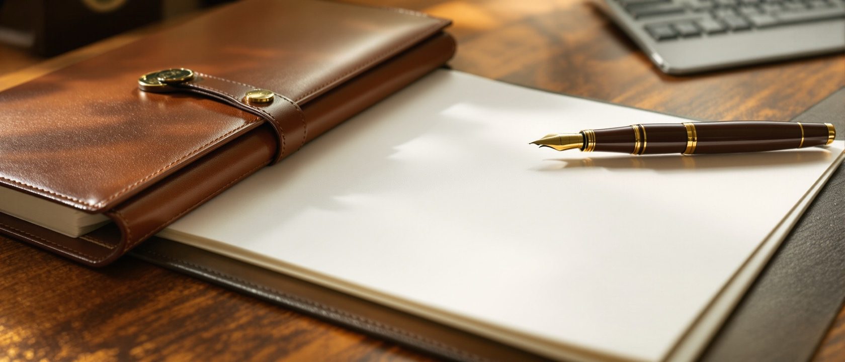 A close, warm still-life of a signed professional agreement folder, a fountain pen and a brass desk seal on a wooden desk in soft daylight — no legible writing on the papers, no readable text anywhere