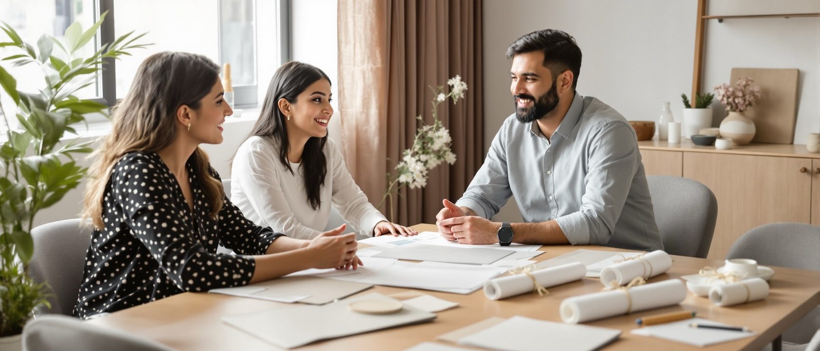 A warm, honest business meeting in an Indian design studio — a designer and clients across a table with material samples and a set of rolled drawings, daylight, no legible documents, no readable text anywhere