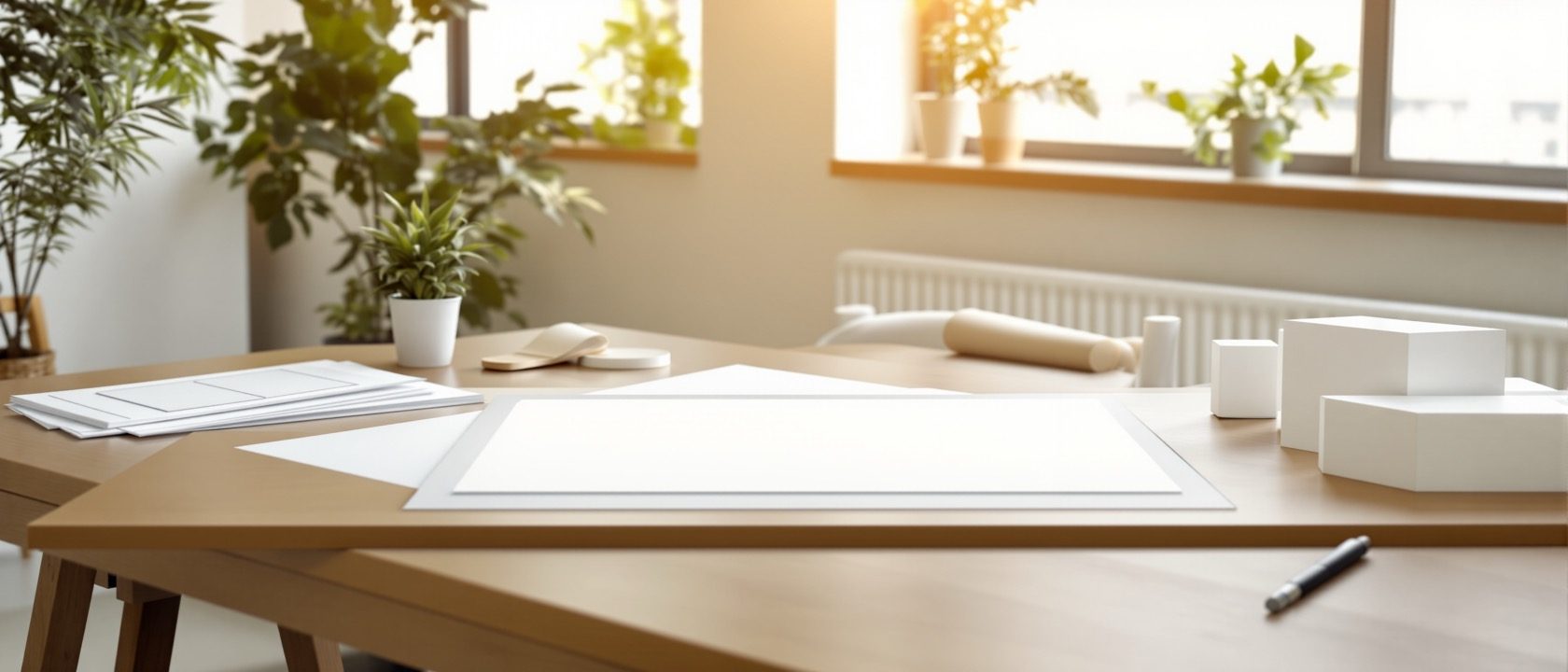 A calm, professional Indian interior design studio at daylight — a large clean drawing table, material samples and a model, warm natural light, no people, no legible text or signage anywhere