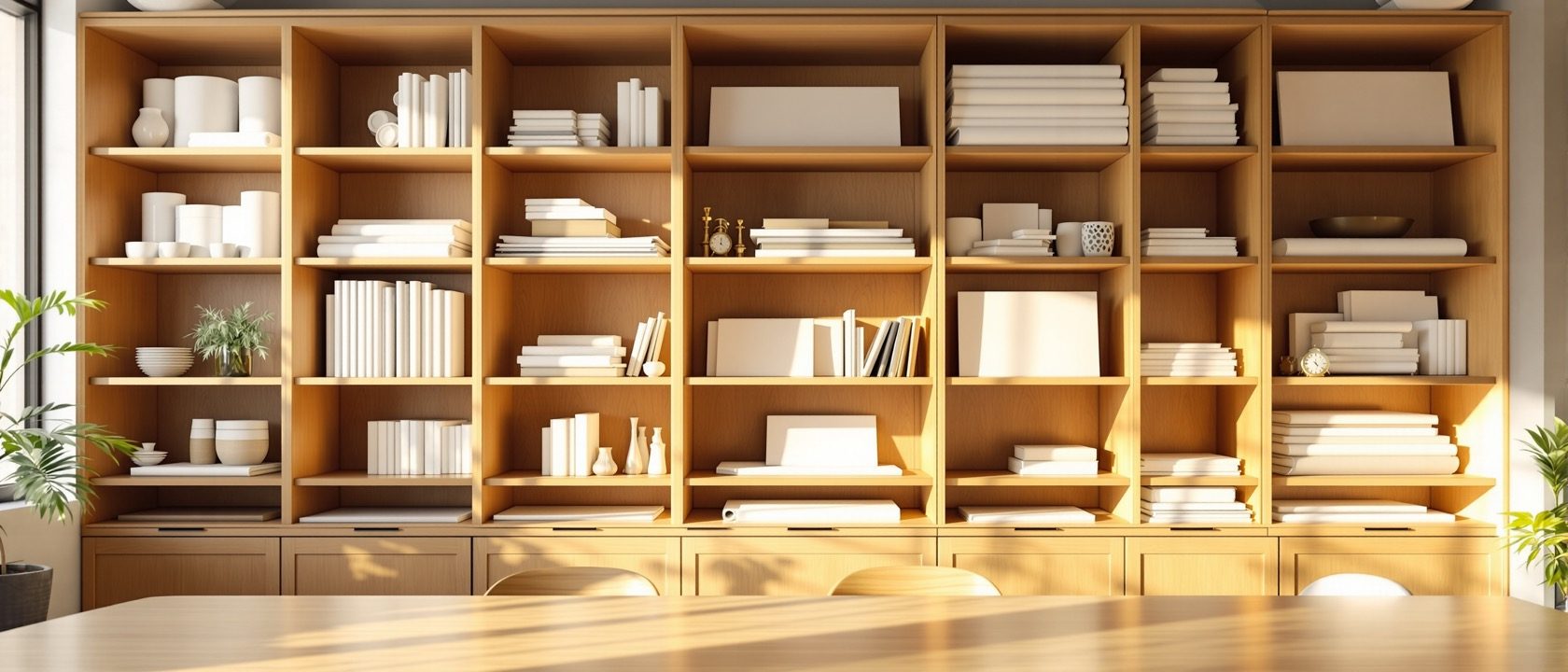 A calm, well-organised interior design office at daylight — shelves of neatly filed rolled drawings and sample boards, a clean meeting table, no people, no legible labels or readable text anywhere