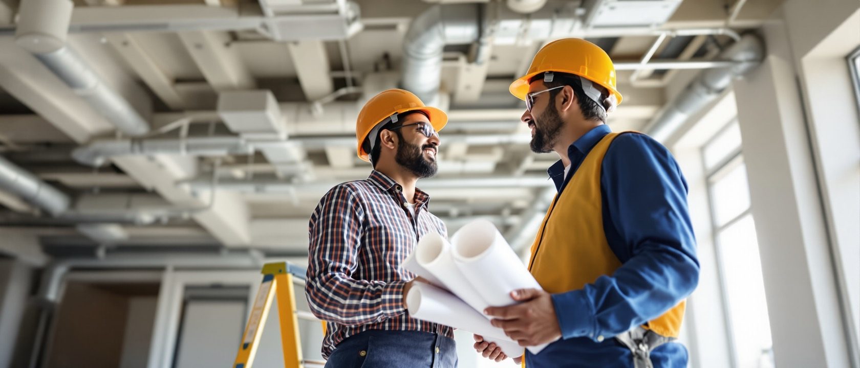 An interior designer and a contractor reviewing work together on a bright fit-out site in India — exposed ceiling services, a stepladder, rolled drawings, hard hats, no legible text or labels anywhere