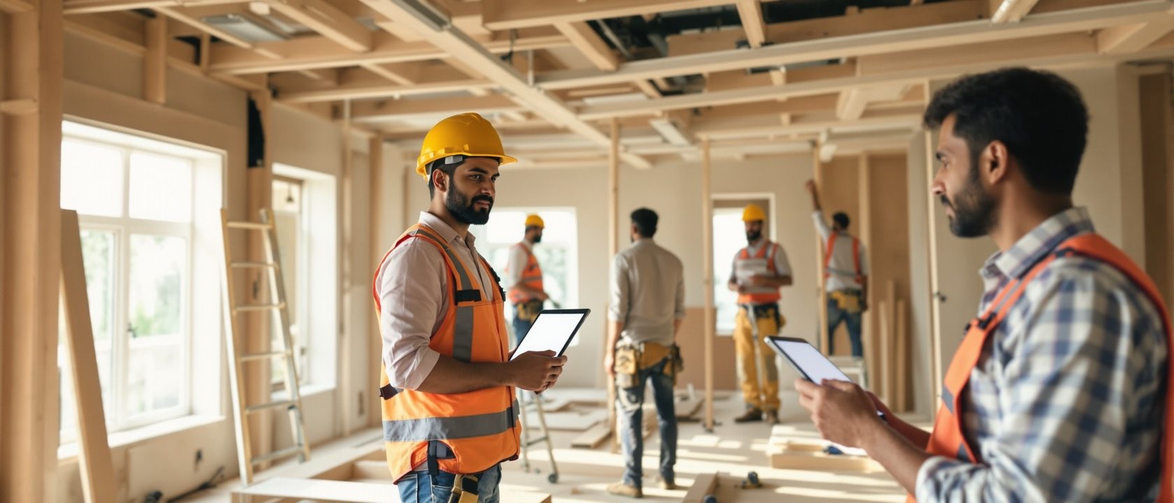 An interior fit-out site with several trades working in coordination — carpentry, electrical, finishing — a supervisor with a tablet, warm daylight, workers who look Indian, no legible text