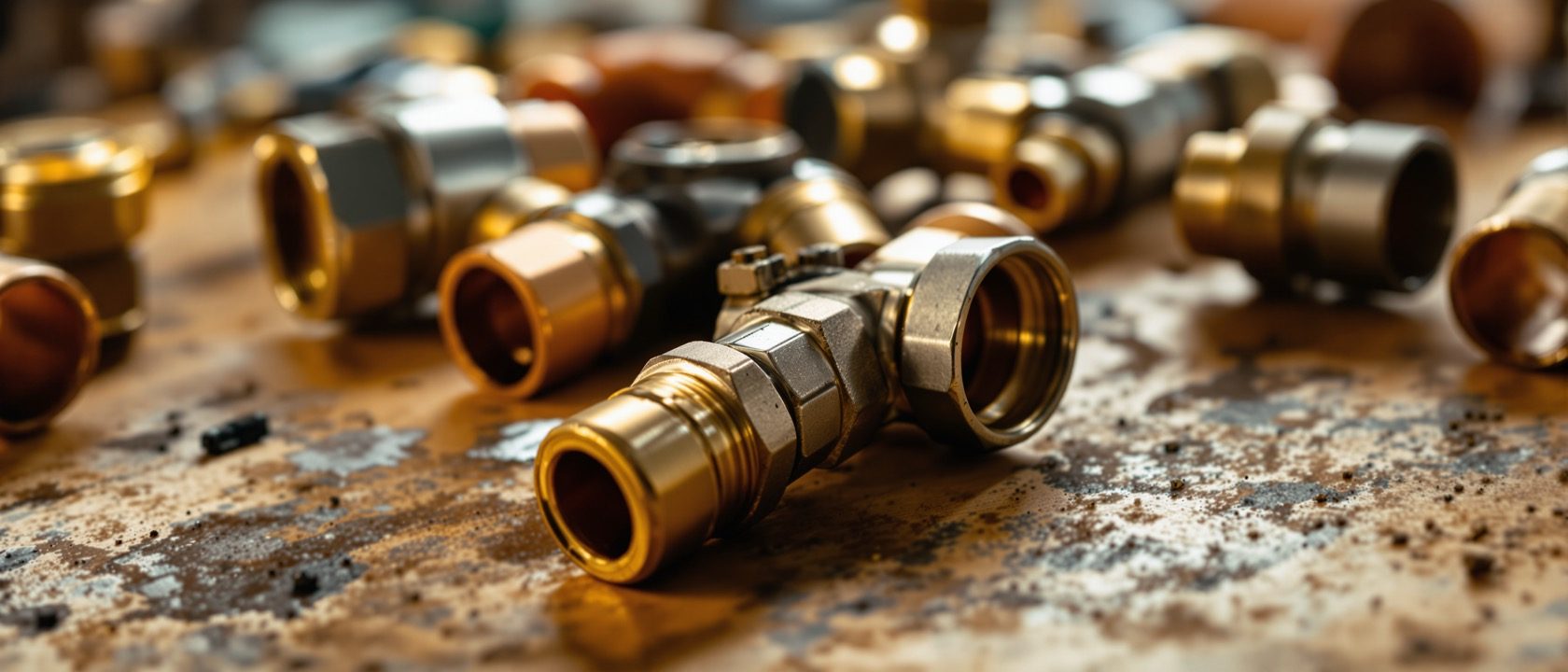 A shallow depth-of-field macro of brass and chrome plumbing valves, fittings and copper pipe ends arranged on a workbench in warm light
