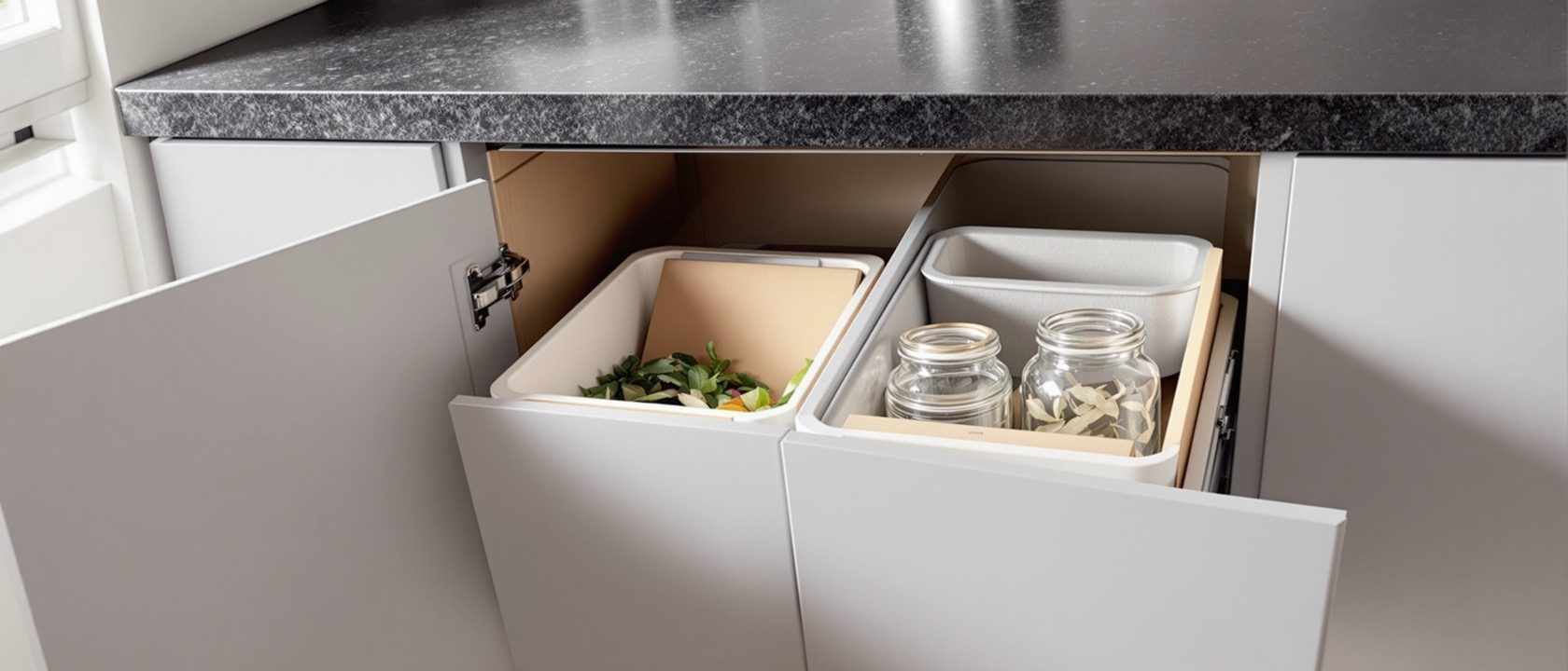 Two open pull-out bins in a modern kitchen cabinet under a stone counter, one holding vegetable peel and one holding clean packaging, in daylight