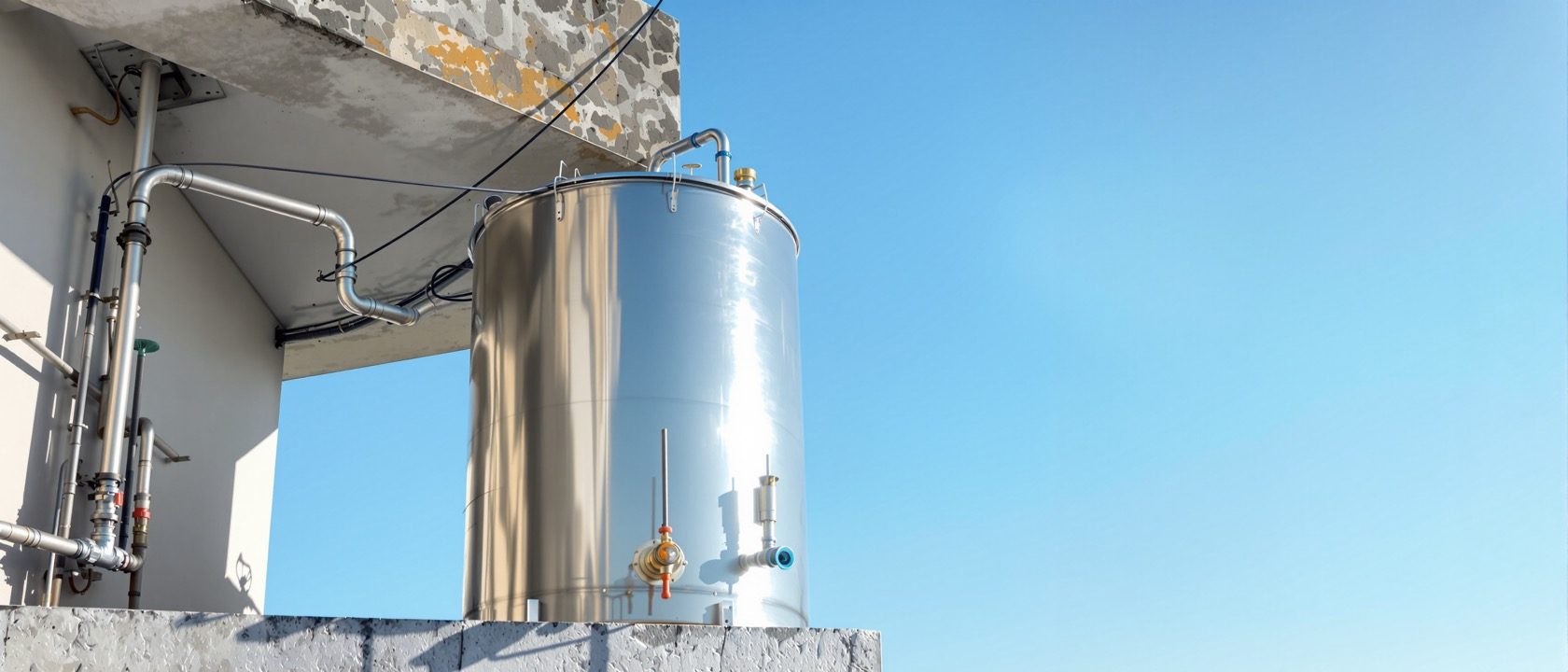 Sunlight on a stainless steel overhead water tank and its pipework against a clear sky on an Indian terrace