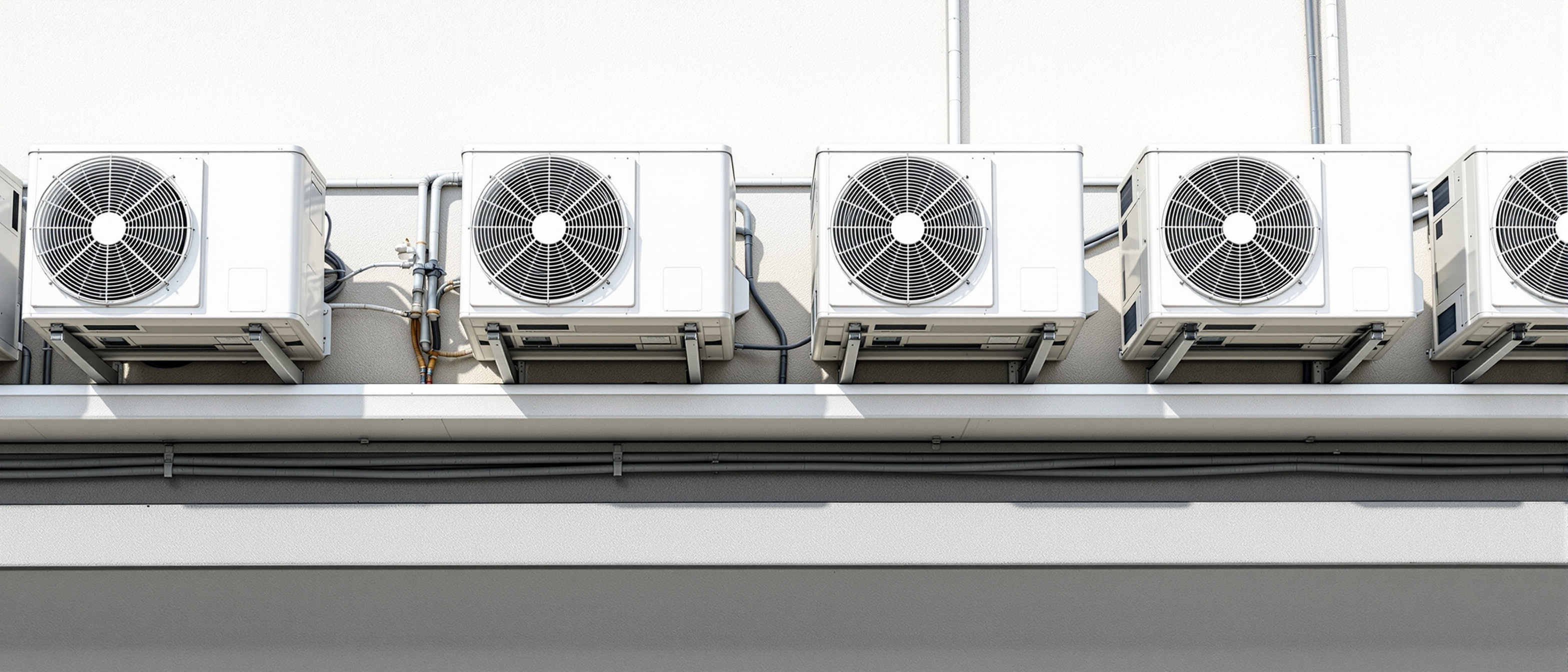 A neat row of air-conditioning outdoor units on a building service ledge in clean daylight, technical and orderly, no text