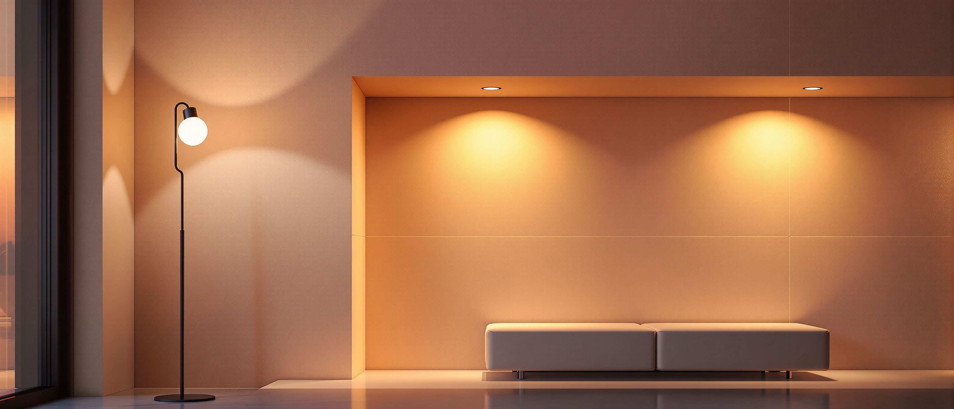 A warm layered interior at dusk with a glowing floor lamp, recessed accent lights grazing a textured wall and soft task light, no visible bare bulbs, no text