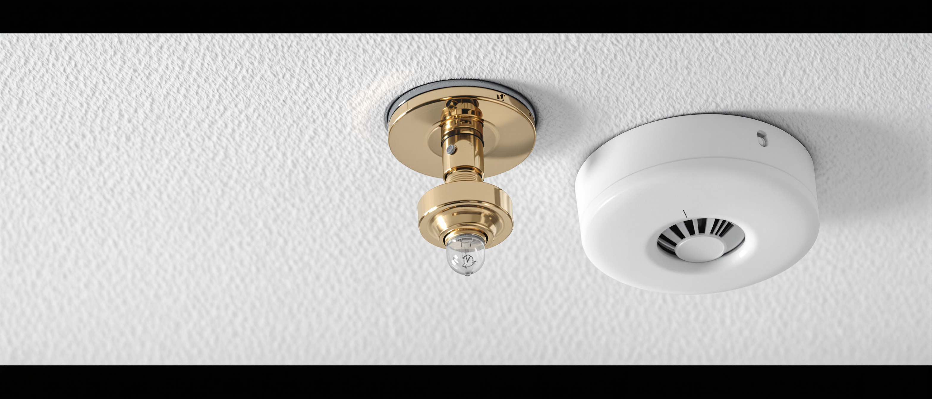 A ceiling-mounted fire sprinkler head and a smoke detector against a clean plaster ceiling, close and technical, no text