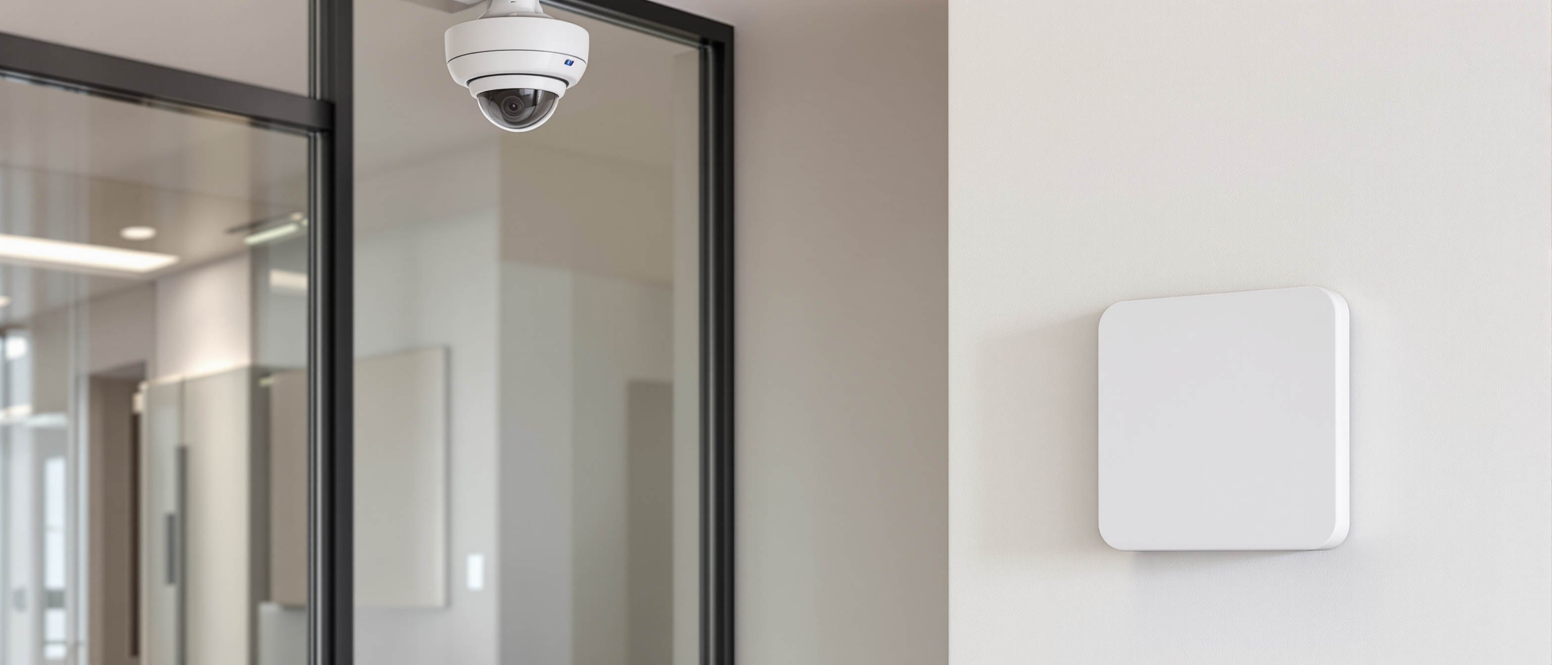 A discreet ceiling-mounted CCTV dome camera and an access-control reader beside a door in a clean modern lobby, calm daylight, no text