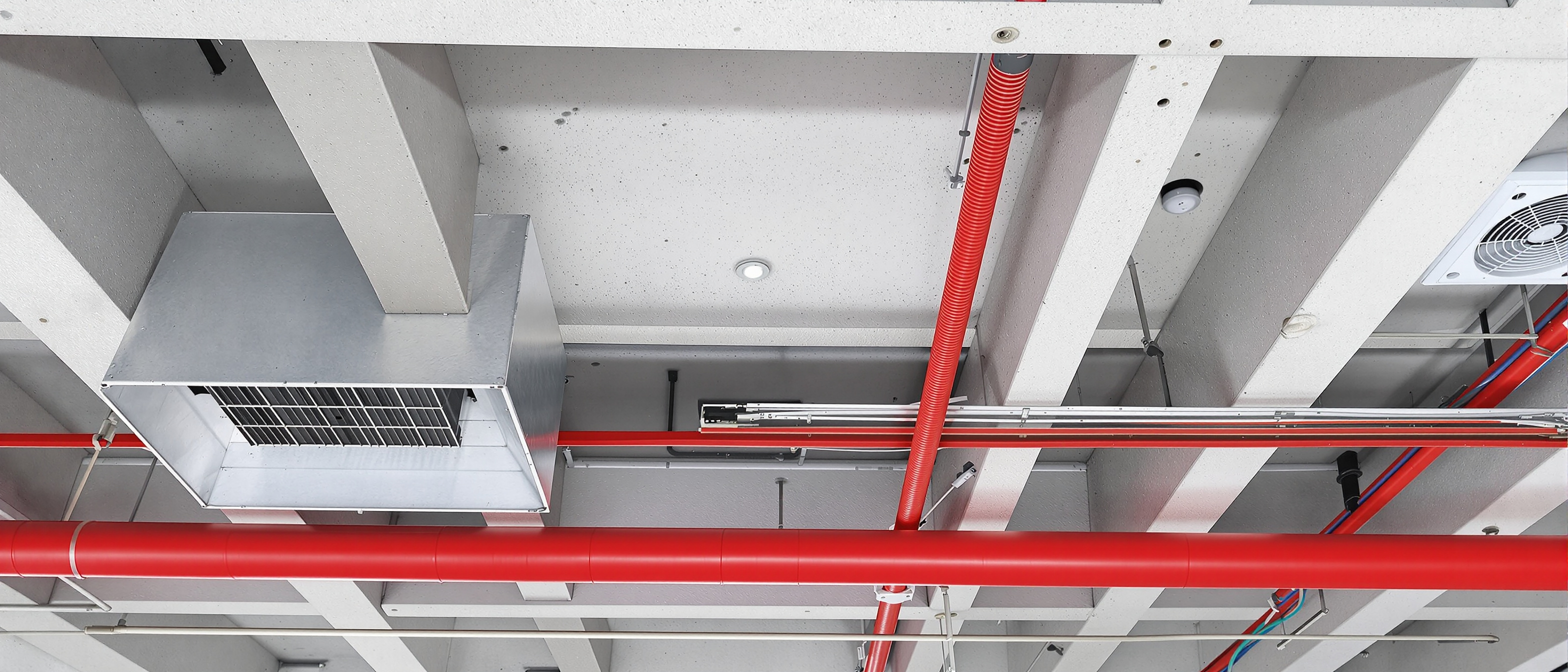 An open ceiling void of a large building showing coordinated ductwork, sprinkler pipes, cable trays and a light fitting neatly routed together, technical daylight, no text