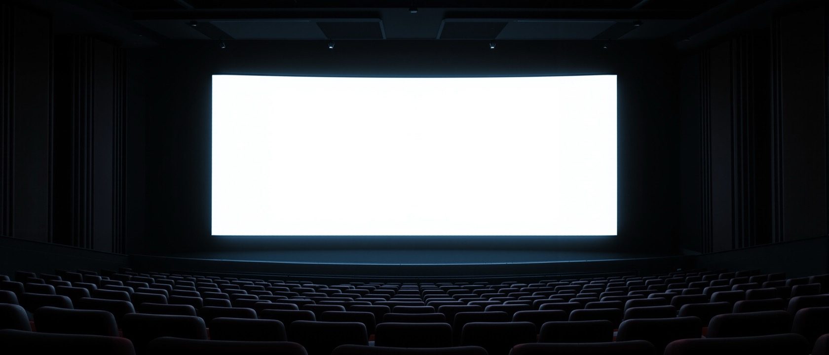 A darkened cinema auditorium seen from the back, rows of empty seats facing a large glowing blank screen, warm projector light, atmospheric, no text