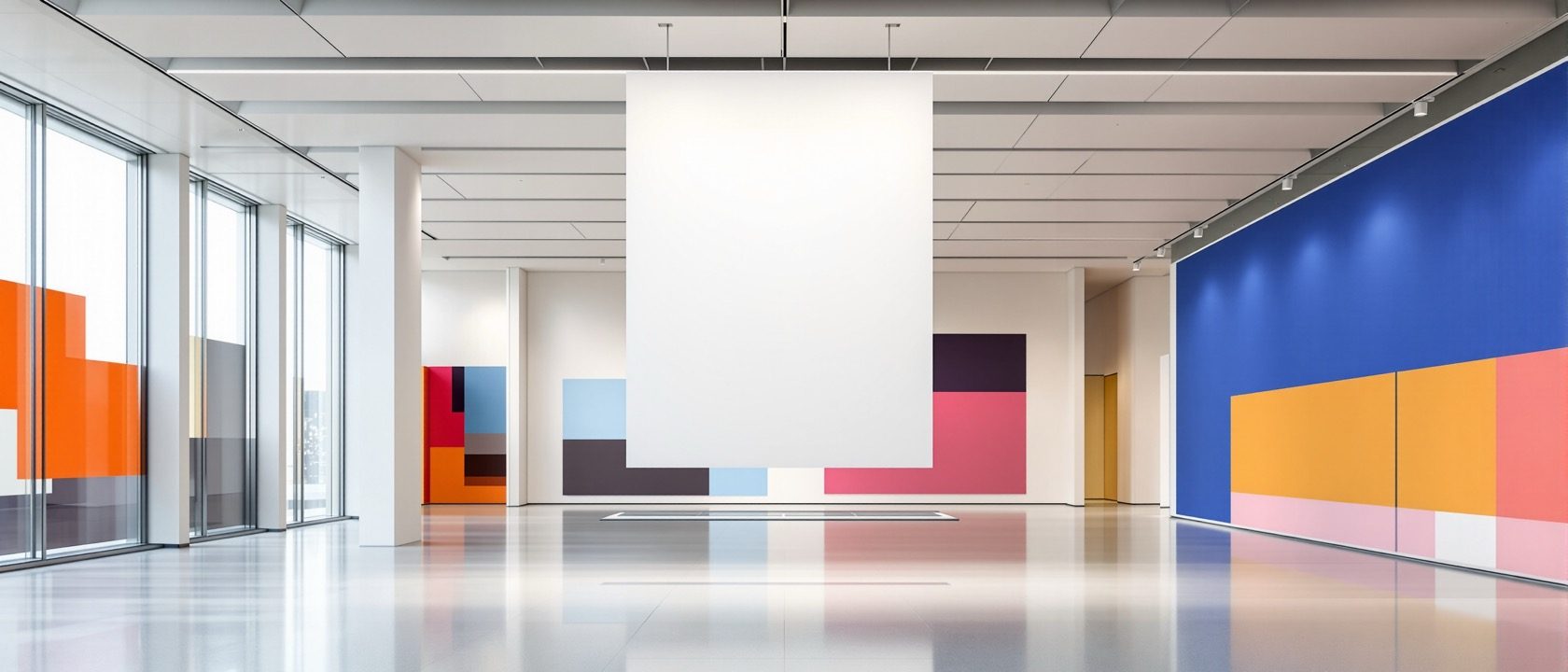 A modern museum interior with bold large-scale wall graphics and a hanging directional banner over a corridor, clean architectural space, warm light, no legible text