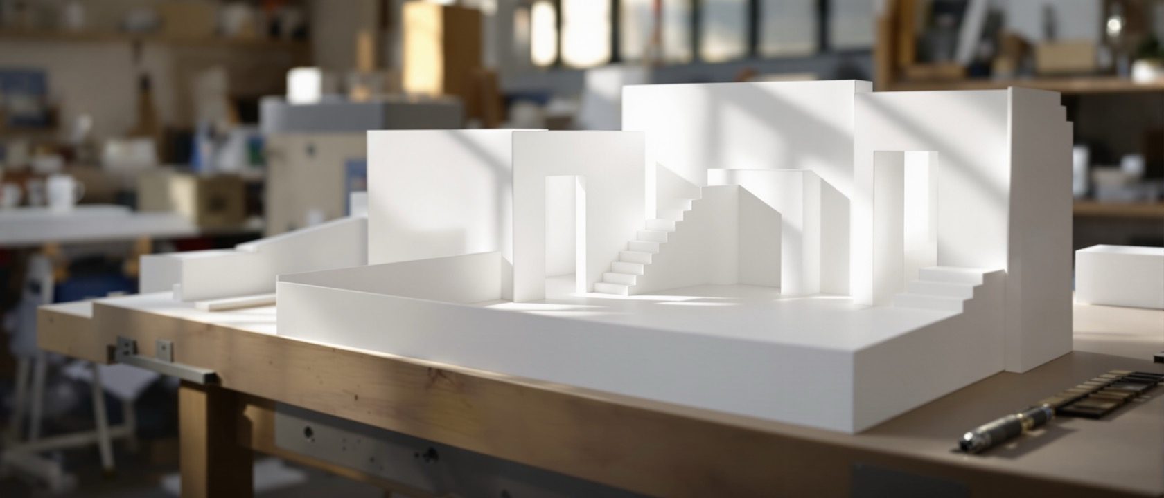A scale white study model of a theatre set on a workbench, plain white card walls and a small staircase, soft daylight raking across the model, no text