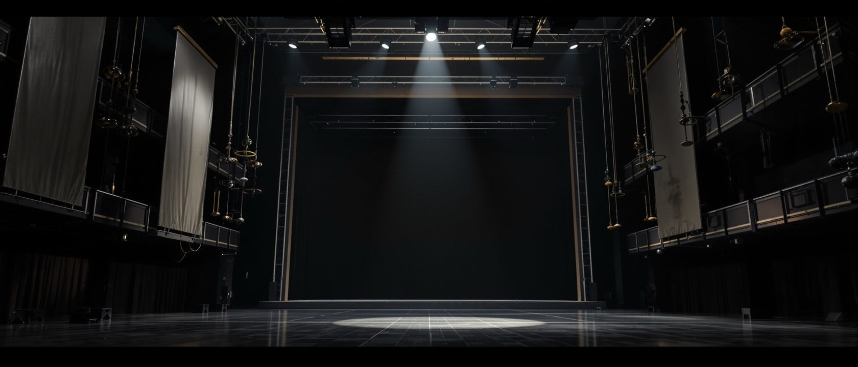 The backstage of a large empty theatre seen from the wings, tall scenery flats and rigging ropes and battens overhead, dramatic side light, atmospheric, no text