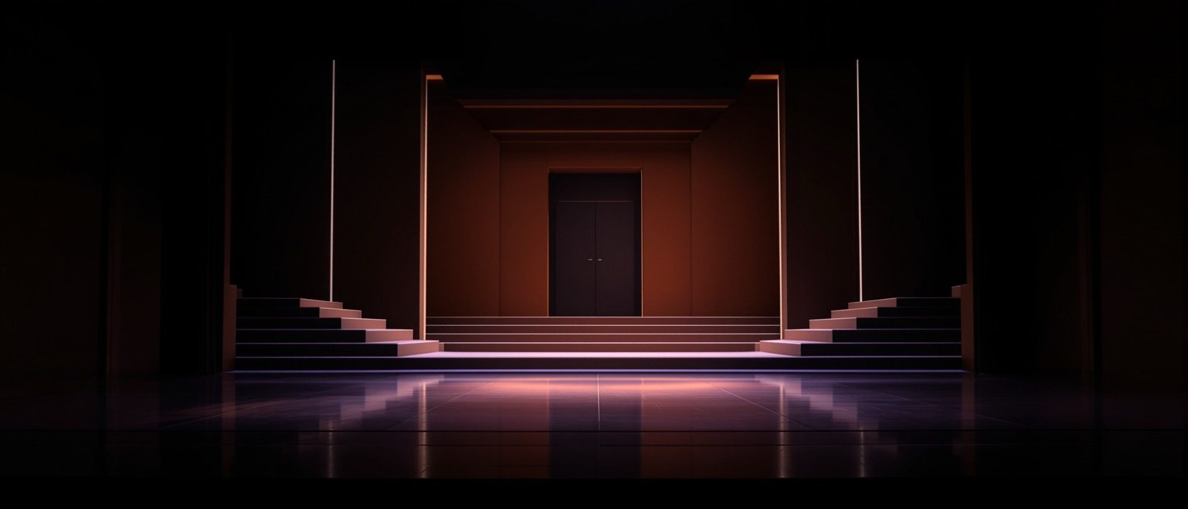 A theatre stage set dramatically lit with warm and cool light, a simple architectural set of steps and a doorway casting long shadows, empty stage, atmospheric, no text