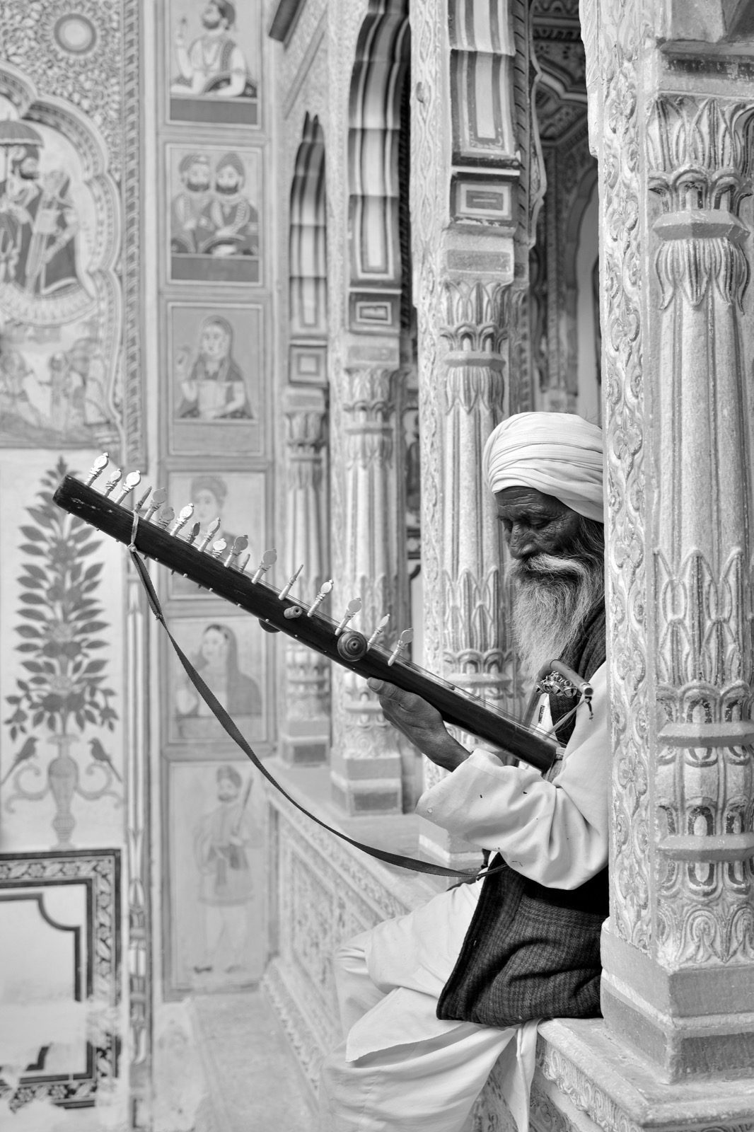 Frescoed walls of a Shekhawati haveli, Rajasthan — burnished-lime (arayish) painting; the region is an 'open-air gallery' of 600+ painted havelis.